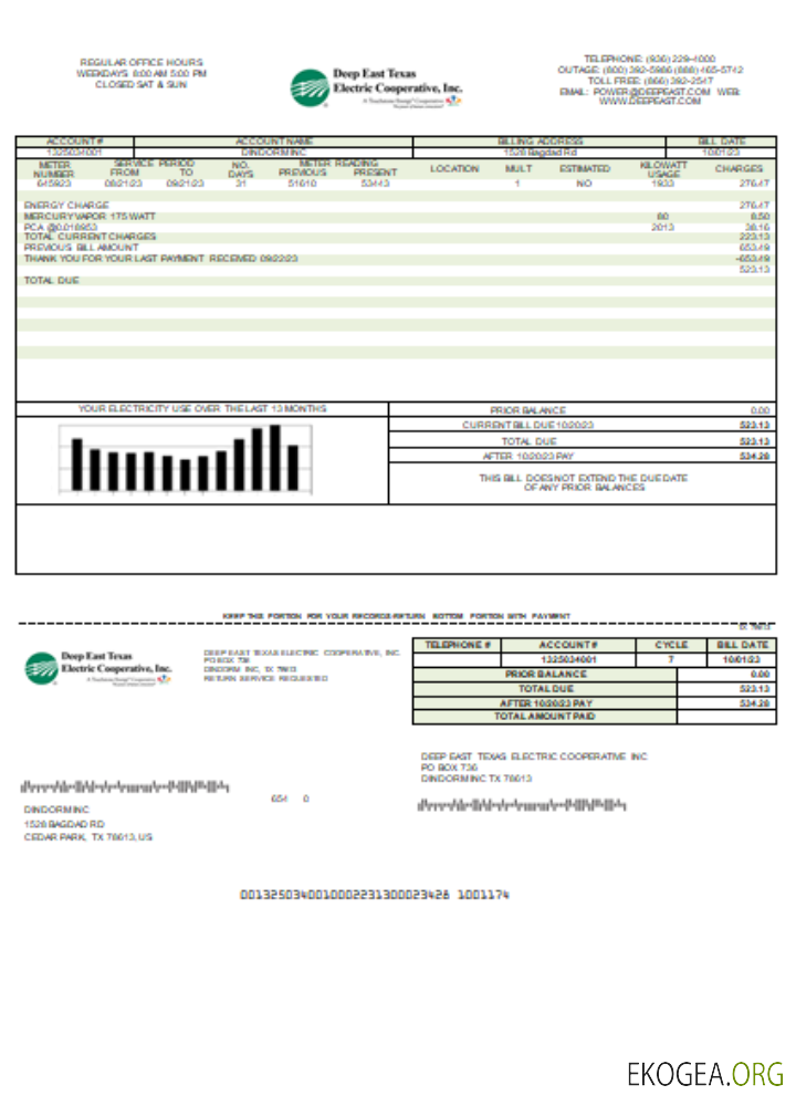 Facture commerciale de service public de Deep East Texas Electric, SCR
